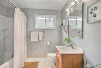 A full bathroom downstairs convenient for guests or family.