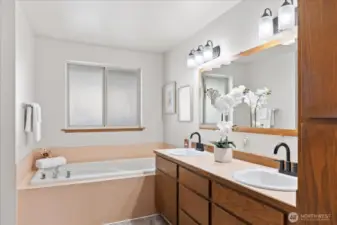 Main bath with double sinks, jetted soaking tub & walk-in shower.