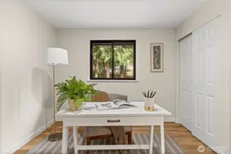 Professional, serene, airy, this room makes space for utility and guests.