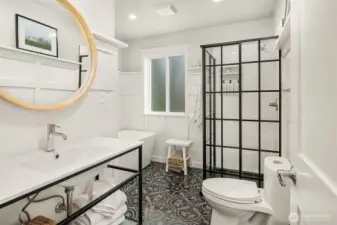 Remodeled Main Bath with free-standing tub and custom shower. Heated floors, too!