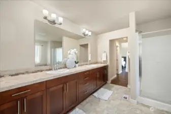 Guest bath includes double sinks and ample counterspace/storage