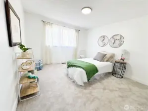 Second bedroom with new carpet and paint ready is so large that it can easily fit a king-size bed.