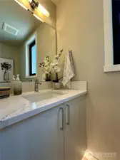 Main floor powder room with motion activated under cab lighting