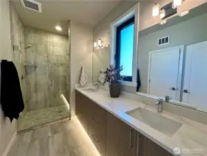 Primary bath features quartz counters, double vanity and walk-in fully tiled glass shower