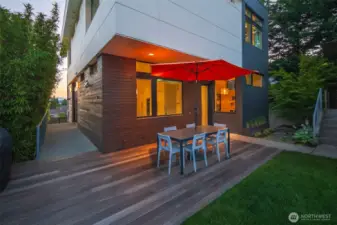 Back yard space, with large entertaining deck built at the same level as the lower yard. Gas stubbed for a BBQ