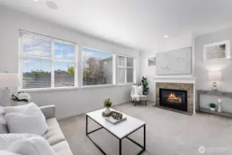 Beautiful, light filled sunken living room, with cozy gas fireplace.