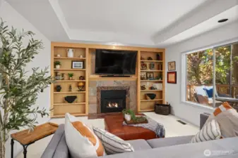 Family room with Custom Built-ins and 2nd Fire Place