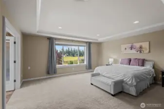 The expansive primary suite is enhanced by a beautiful coffered ceiling, creating a refined and relaxing retreat