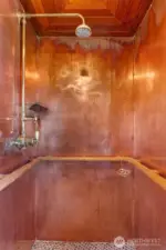 The delightful surprises keep coming, like this copper-wrapped shower in the primary suite.