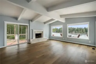 Living room on main floor w/ gas fireplace. Look at that view!!