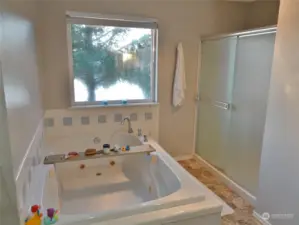 Master Bathroom w/ large jetted tub and full walk-in shower. Views of Duck Lake.