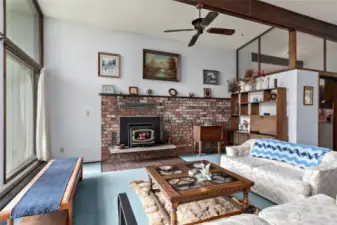 Feature fireplace with cozy wood stove