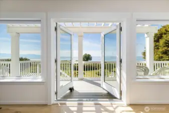 Spacious views of Puget Sound abound through the Home's 2nd floor French Doors out to the multileveled deck.