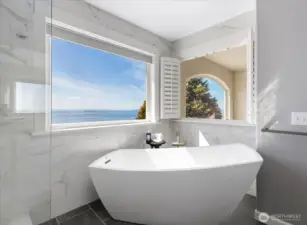 Large Contemporary free-standing Soaking Tub with views out to the water & mountains. Notice the Marble walls which is entry to Walk-in shower.