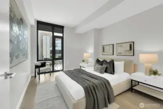 Bedroom with floor to ceiling windows