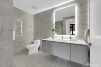 Modern contemporary bathroom with a fancy backlit mirror