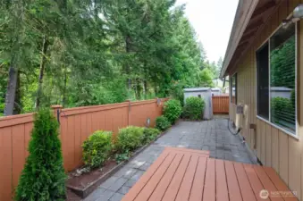 Easy care back yard.  Deck off dining area and extended patio.  Freshly painted fence.
