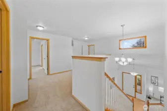 Primary with en-suite straight ahead and a spacious loft area leading to the bonus room on the right.