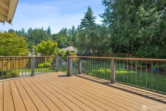Here's the newer deck with railings that looks over the private, fully fenced backyard.