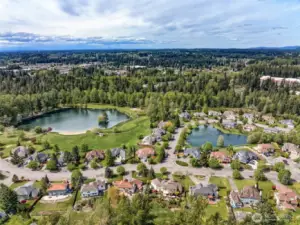 This is an overhead view of the 2 private lakes and private park in the neighborhood. Note all the lots are larger and the homes as well.