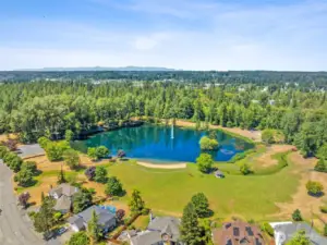 This view shows the green space and the beach, along with some picnic tables and gazebo. 13+ acres of area for the community.