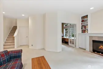 Lower-level family room wih gas fireplace