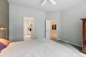 Lower-level bedroom with door to family room and sliding door to full bathroom