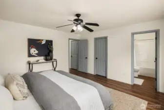 Incredible primary suite with beautiful light. Extra large walk-in closet and updated full bathroom.