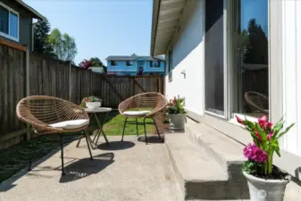 Patio off dining room sliding glass door, perfect for barbequing