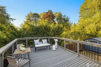 Newly painted upper deck is privately set and the perfect place to enjoy a cup of coffee.