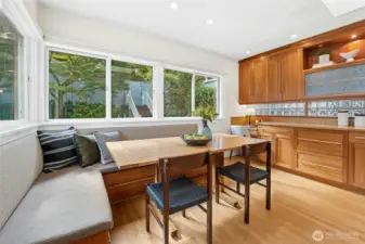 Custom built-in banquette and table which can stay with the home - fits perfectly.