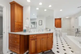 ... and take a look at this fabulous remodeled primary ensuite! Spa-inspired with plenty of cabinetry including specialty cabs for makeup & medicines.  Huge soaking tub ... glass block walk-in shower. Yes please!