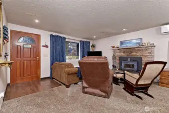 The front door leading into the living room with a cozy wood stove insert.