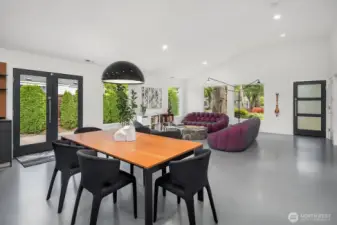 Wide view of the living and dining area
