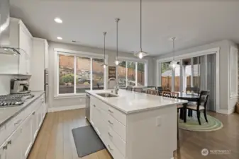 Kitchen and dining with view to the water feature in the backyard