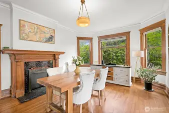 Fireplace and dining room