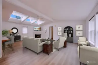 Beautiful vaulted ceilings let in abundant light~virtally staged living room shows how big this room is!