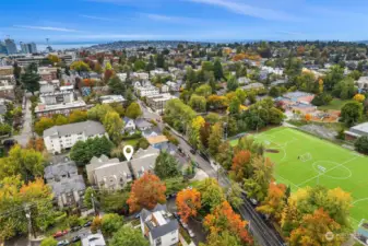 Aerial view looking West towards downtown Seattle.