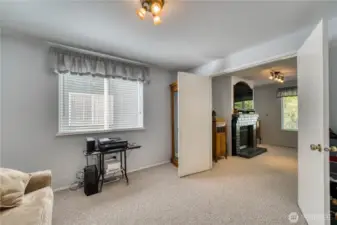 Office looking back through the french doors into the family room.