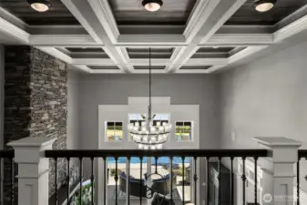 Second floor overlooking great room. Look at that ceiling and chandelier!