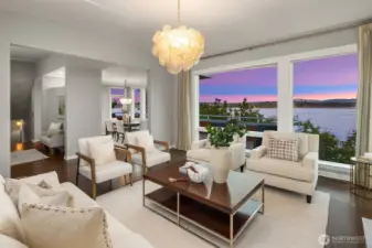 Grand living room with soaring ceilings and elegant features