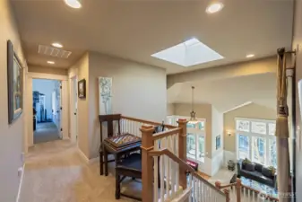 Opening to upper level with 2 bedrooms, primary suite, full bath and rec room