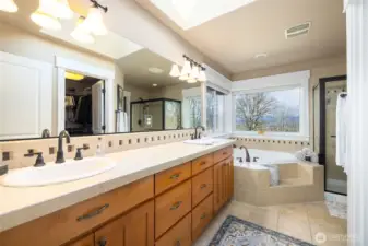 Primary bath with separate soaking tub, dual vanities and shower