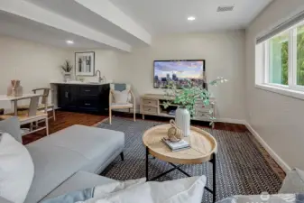 Versatile lower-level space perfect for a media room, home office, or guest suite