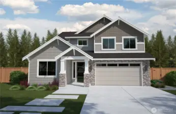 The Homestead at Burnham Heights — 3,561 sq ft of exceptional design featuring 3 bedrooms, 3.25 baths, a private home office with attached ¾ bath, and an upstairs loft (or optional bonus room). Enjoy a spacious mudroom off the garage and a convenient shop area in the garage for added versatility. Photo Rendering is for illustrated purposes only.