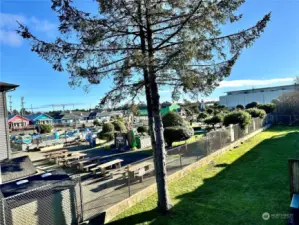 View from deck overlooking mini golf course and fun center