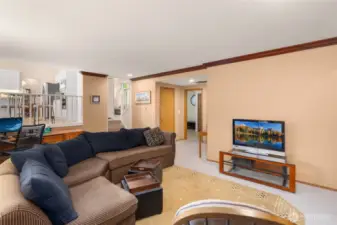Lower family room leads to bedroom plus full bathroom