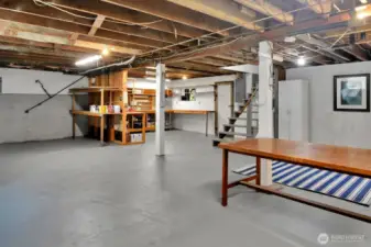 840 square foot basement with good ceiling height leads to attached one car garage. Updated wiring, plumbing & sewer line.
