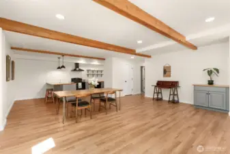 ADU living room w/ exposed beams