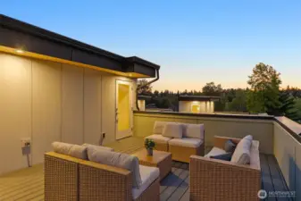Roofline perspective that shows privacy walls and roomy seating areas. The perfect spot for morning yoga or evening cocktails.